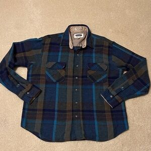 Vintage Shelter Bay 50% wool Blue and Brown Plaid Shirt size L
